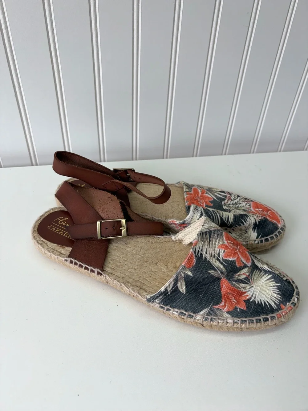 Floral Canvas Espadrille Sandals with Brown Ankle Strap - Navy & Orange